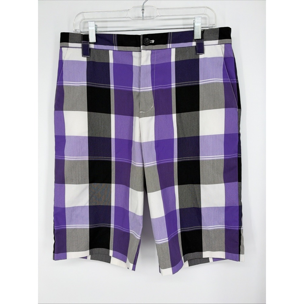 Adidas Mens Plaid Golf Shorts Purple Black Grey Checkered Size 32 Flat Front